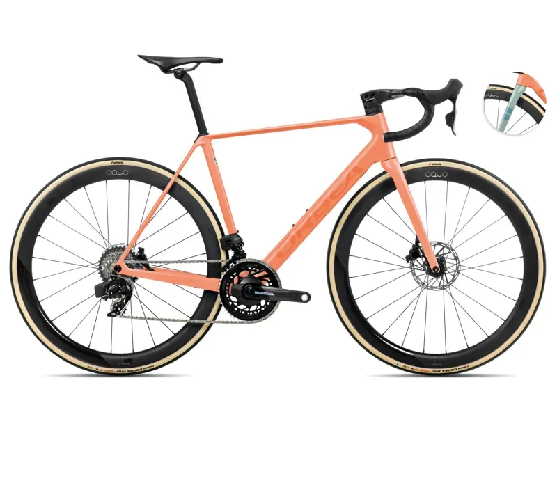 Orbea Orca M21eLtd PWR Road Bike In Orange Cloud Matt/Stone Blue Matt-Gloss