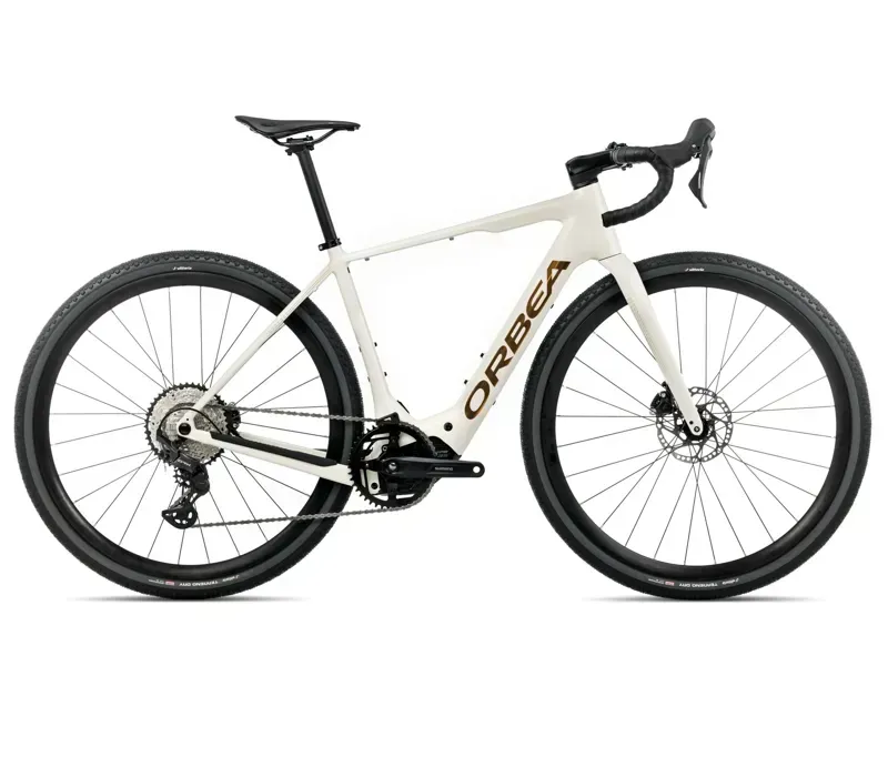 Orbea Denna H30 E-Road Bike in Ivory White Gloss/Titan Gold Gloss